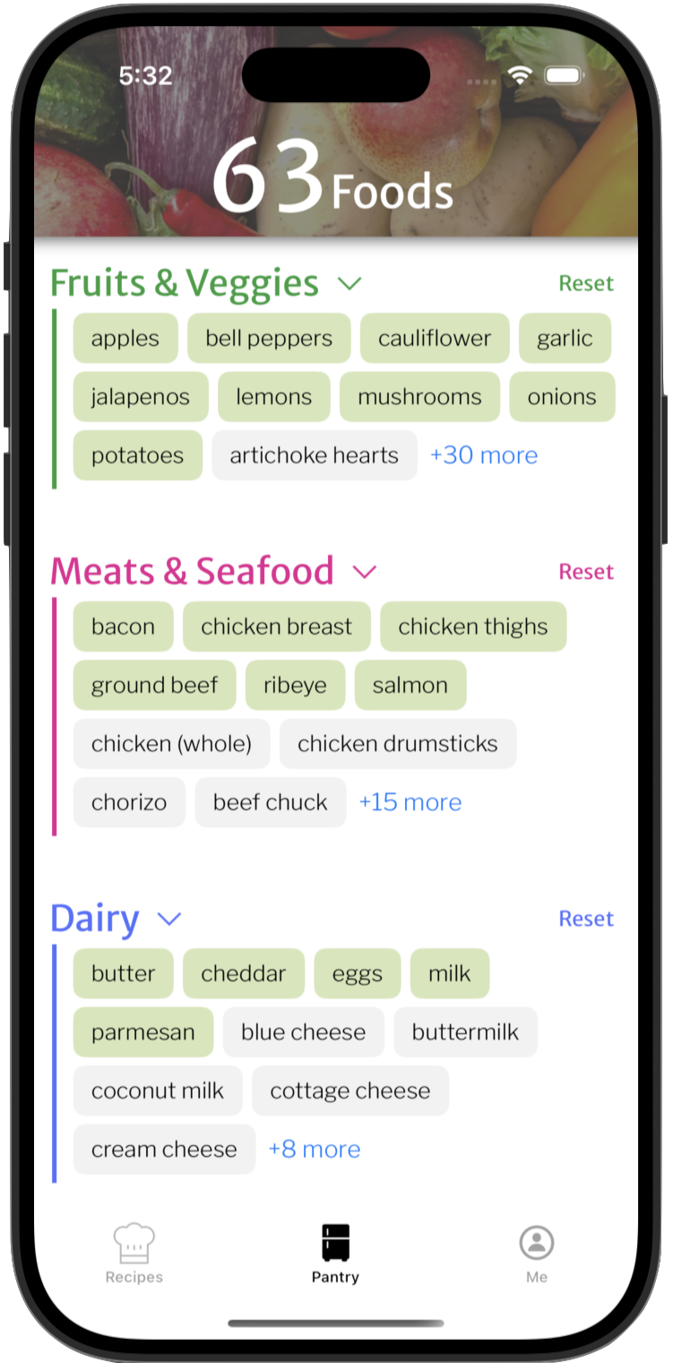Half Lemons Recipe Generator App Pantry Screen - Ingredient Selection Interface